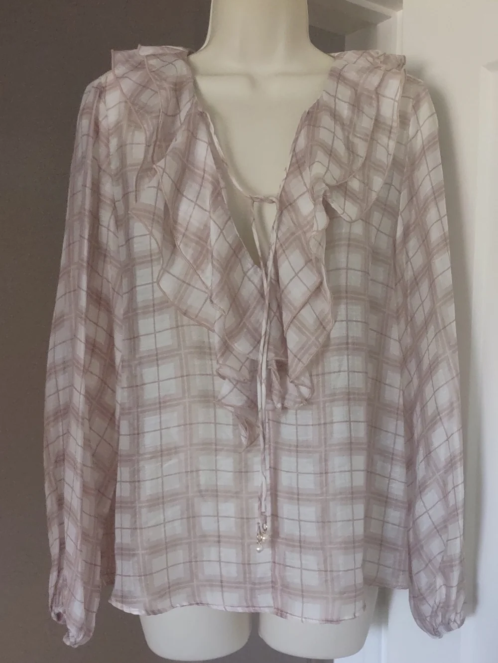 Zara Plaid Ruffled Blouse With Front Tie Detail Size MEDIUM